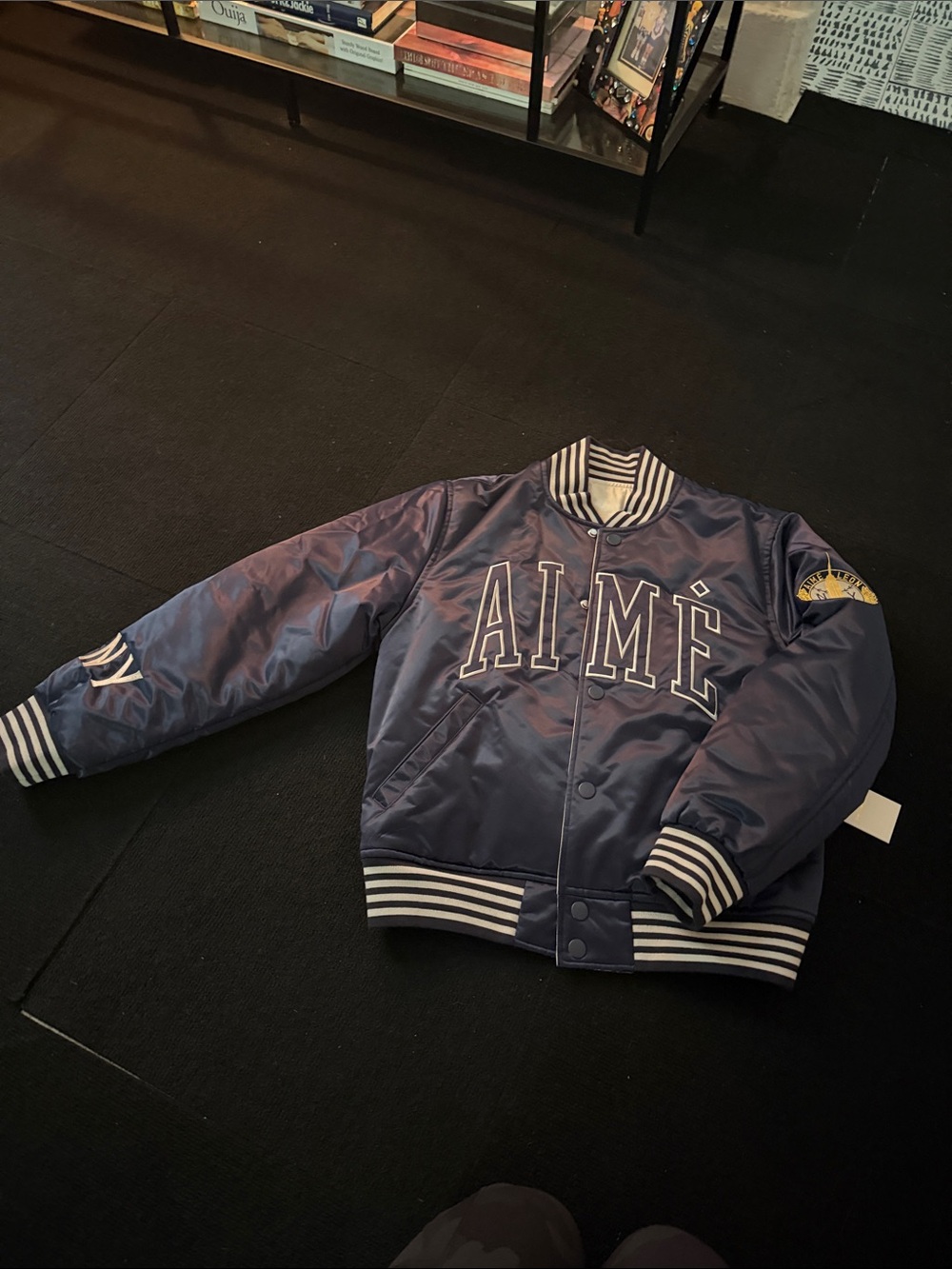 Aime Leon Dore Navy Blue Satin Bomber Jacket with Striped Trim